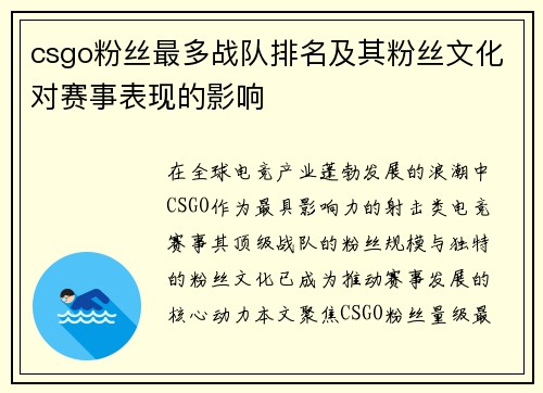 csgo粉丝最多战队排名及其粉丝文化对赛事表现的影响